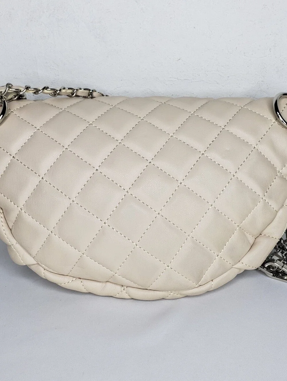 Steve Madden Quilted Cream Crossbody Belt Bag with Silver Chain